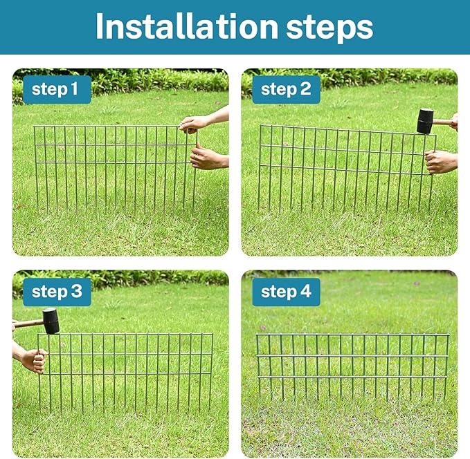 15 Pack 24in(L) X 15in(H) Small/Medium Animal Barrier Fence, 5.5mm Heavy Duty Rod with 1.5" Rod Gap, Dog Rabbits Fences Metal Fence Panel Ground Stakes for Outdoor Patio. Total 30Ft(L)