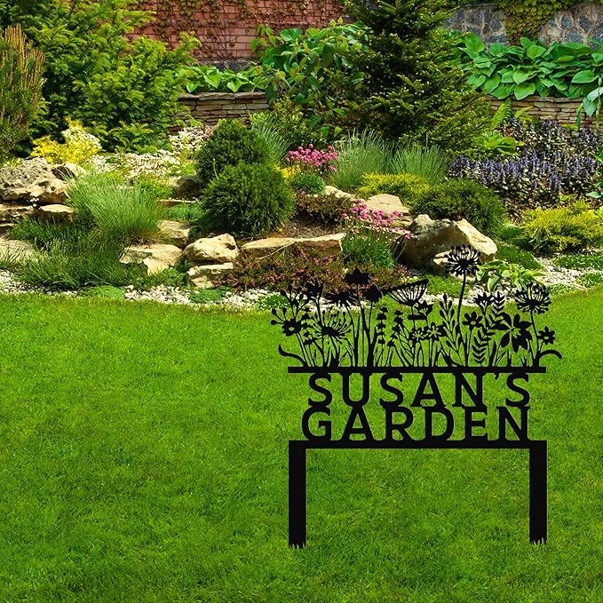 Personalized Flowers Garden Sign with Stakes, Custom Flowers Metal Garden Decor, Sign for Flower Beds, Metal Yard Art, Gift for Grandmother, Gift for Mom, Patio Garden Decorations, Housewarming Gift