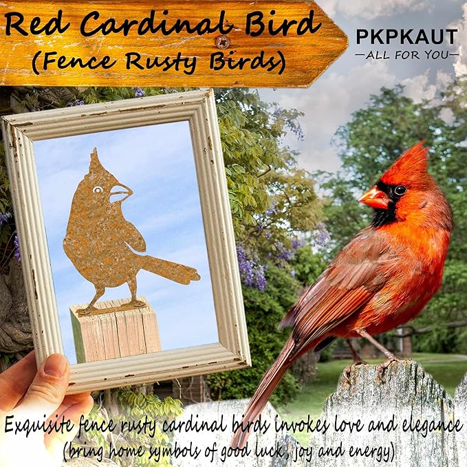 5-Piece Metal Bird Craft Statue Set - Cardinal Silhouettes, Rusty Finished - Perfect for Fence Toppers & Outdoor Decor