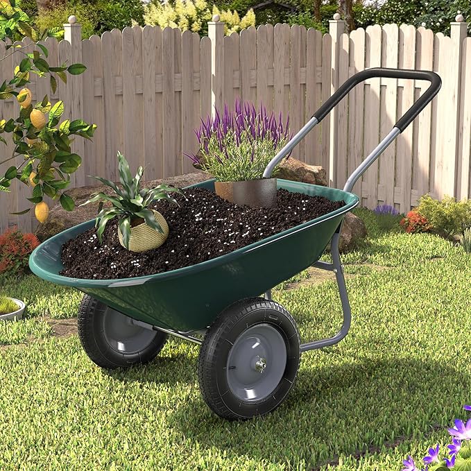 ARNOT Enlarged Dual-Wheel Wheelbarrow, Easy Loading and Dumping Garden Cart, Heavy Duty Utility Dump Cart for Lawn, Yard, Farm, Gardening & Planting, Green