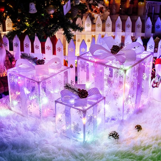 Set of 3 Christmas Lighted Gift Boxes,Outdoor Christmas Decorations,Featuring Snowflake Decorations,Battery Operated Light Up Present Boxes for Christmas Trees Indoor Outdoor Home Yard Lawn Decor