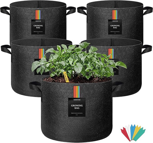 The Growing 5 Pack 20 Gallon Fabric Grow Bags，Thickened Aeration Nonwoven Fabric Plant Pots with Durable Handles,Heavy Duty 300G Planter Pot for Tomato, Fruits, Vegetables and Flowers, Black