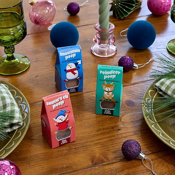 Modern Sprout Wildflower Seed Ball Poop - Christmas Gift - Non-GMO, Hand-Rolled Clay Seed Bombs with Wildflower Seeds - Plop Plant & Grow Gardening Gift Set for Kids & Adults (Jingle Plop - Pack of 3)