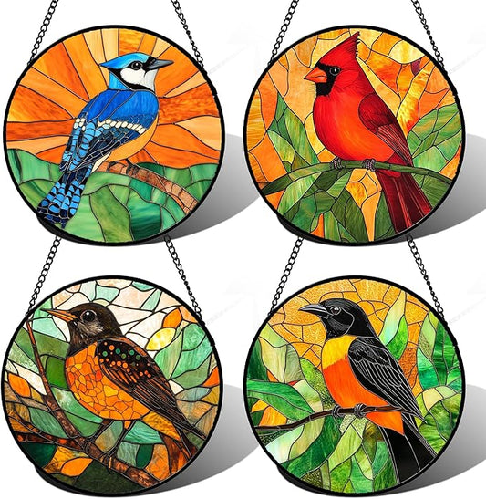 Stained Glass Window Hanging 4 Pcs Set Birds 9.8" - Cardinal Blue Jay Suncatcher Door Garden Sun Catcher Decor Birthday Christmas for Bird Lovers Mom Woman Nana Men