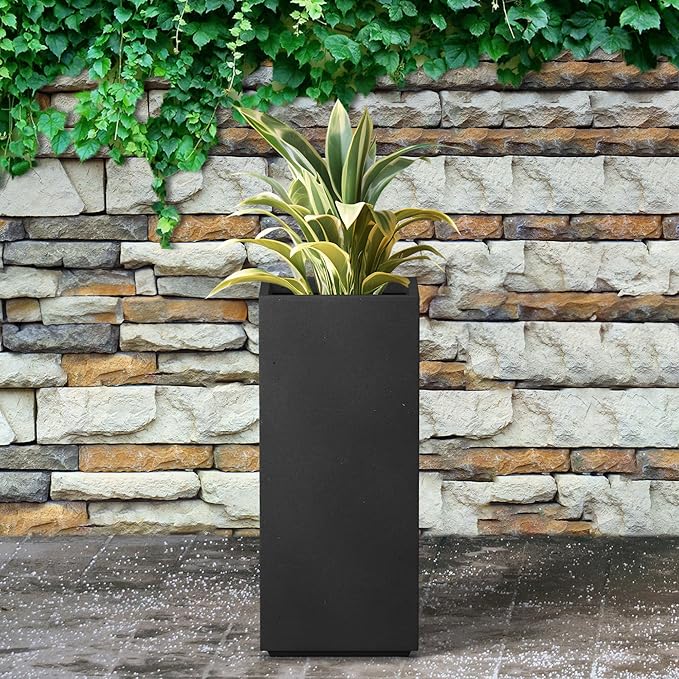 Kante 23.6" H Tall Rectangular Concrete Planter, Modern Square Diameter Plant Pot with Drainage Hole and Rubber Plug for Indoor Outdoor Home Patio Garden, Black