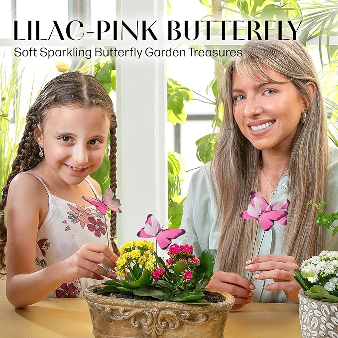 Handmade Lilac Pink Butterfly Garden Stakes Set of 7 - Decorative Outdoor & Indoor Plant Decor - Nature Lover Gift Idea by Air Aquarium Kushner