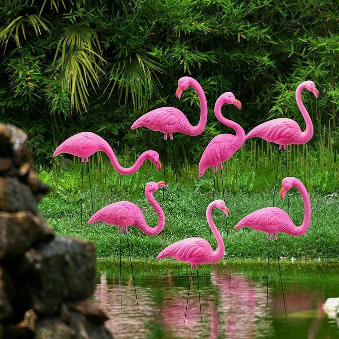 JOYIN 10 Pack Small Yard Flamingos Ornament Stakes, Mini Pink Flamingo Yard Decorations, Mini Lawn Plastic Flamingo Statue with Rubber Coating Metal Legs for Outdoor, Garden, Luau Party Gift (3-10IN)