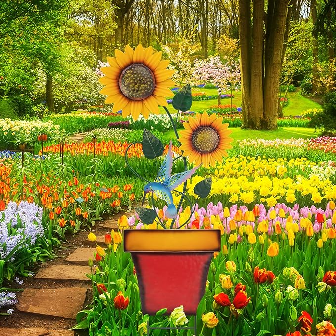 pearlstar Sunflower Decorative Garden Stake 44 Inches Large Metal Art Outdoor Yard Decor Flower Pot Design for Outside Garden Lawn Patio Proch Ornaments，Hummingbird