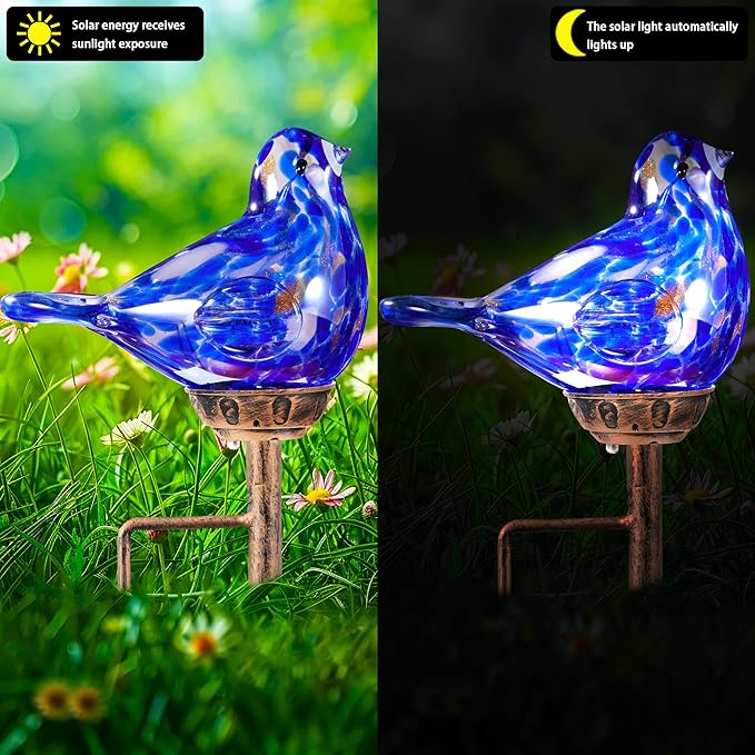Solar Bird Garden Stake Lights - Hand Blown Glass Decorative Garden Pathway Lights Outdoor Waterproof Bird Glass Stakes (Dark Blue)