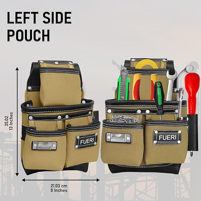 FUERI Tool Belt Leather Nylon Heavy Duty 19 Pocket Bag Pouch for Men Carpenter Electrician Bags Pouches Holder Organizer Foam Padded Belts Suspender Loops Set