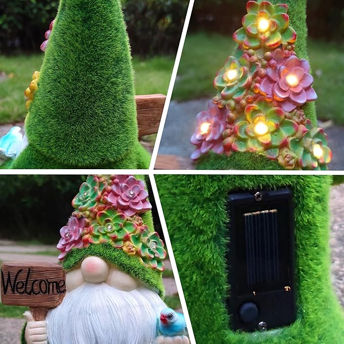Gnome Garden Decor Statue Solar Gnomes Decorations for Yard with Succulent and 6 LED Lights Outdoor Figurines Light,Lawn Decor for Patio, Balcony, Yard Ornament - Unique Housewarming Gifts