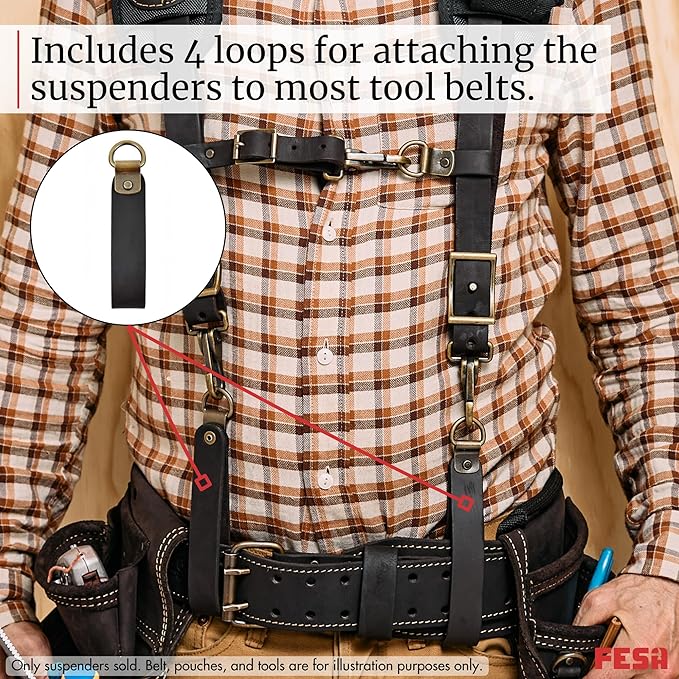 FESA Leather Tool Belt Suspenders for Men with Breathable Mesh Padding, Front Pockets & 4 Loops for Attachment to Work Belts