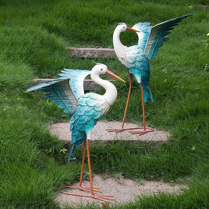 Natelf Garden Decor Blue Heron, Large Standing Metal Crane Garden Statue, Yard Art Lawn Ornaments for Yard Patio Porch Outside Decorations
