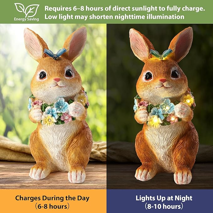 Solar Garden Statues Outdoor Decor, Rabbit Statue with Butterfly & Flowers, Yard Decoration with 6 LED Lights for Patio, Balcony, Backyard, and Lawn, Unique for Mom, Grandma
