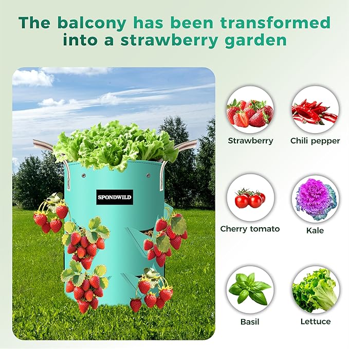 (BFCM Deal 3 Pack 10 Gallon Strawberry Grow Bags, Heavy Duty PE Plant Pots with Breathable Windows and Drainage Holes, Ideal for Strawberries, Veggies, Flowers and Balcony