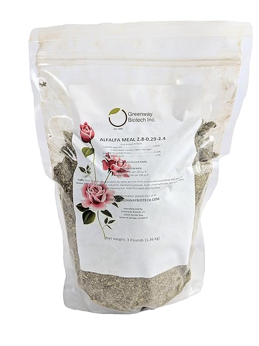 Greenway Biotech, Inc. Alfalfa Meal 2.80-0.29-2.40- Rose, Flower Plant & Vegetables Fertilizer with Essentials Minerals, & Nitrogen- Ideal for Alkaline Plants-3 Pounds