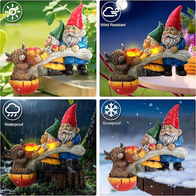Garden Gnomes and Highland Cow Statue with Mushroom Solar Light, Couple Gnome Figurine for Outdoor Patio Lawn Porch Yard Edge Shelf Sitter Decoration, Garden Knome Holiday Indoor Decor, Love Gift
