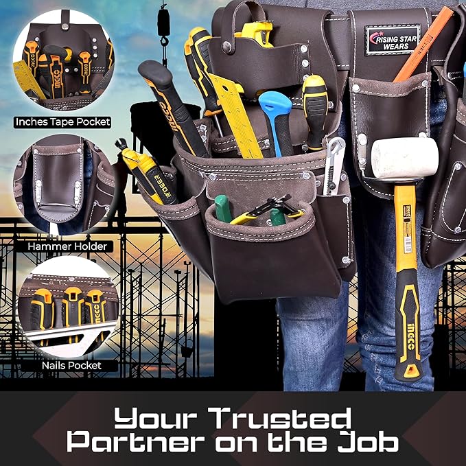 100% Leather Electrician Tool Pouch with Adjustable Belt,Stylish Tool Bag for Waist with 19 Pockets, Perfect for Carpenters,Plumbers, Electricians,Craftsmen,and Handymen