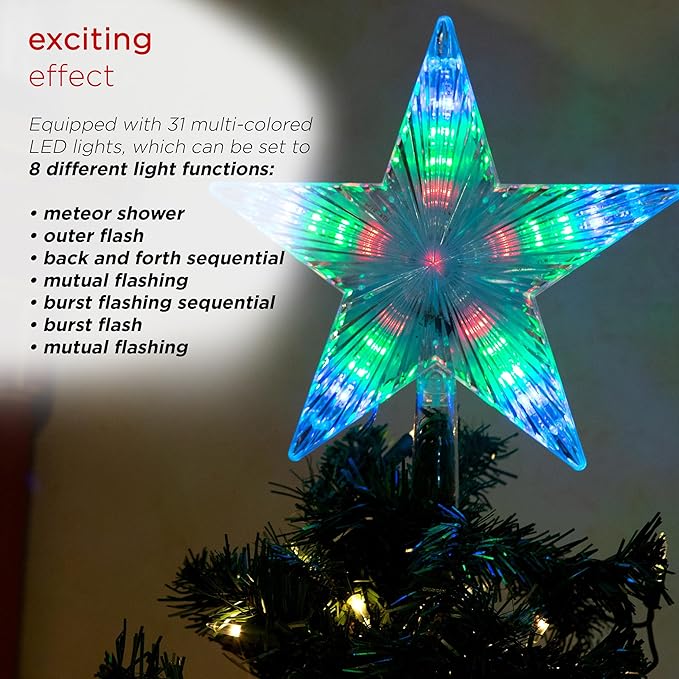 Alpine Corporation 8" H Flashing 5-Point Star Tree Topper with 31 Multi-Colored LED Lights, Christmas Decoration