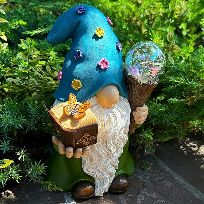 Garden Gnome - Solar Magician Gnome Figurine - 9.45 Inch Tall Decor Outdoor Lawn Statue with LED Lights