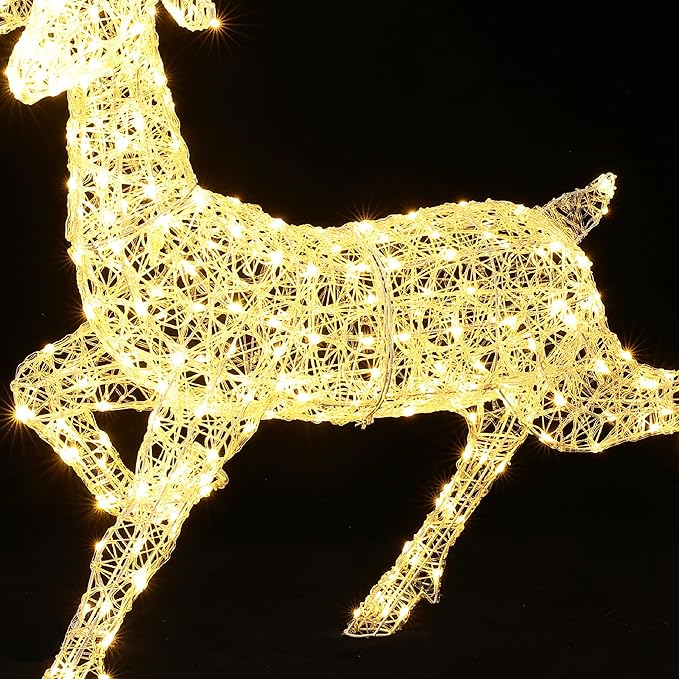 LuxenHome Lighted Reindeer Christmas Outdoor Yard Decorations, Prelit Runing Reindeer Indoor & Outdoor Christmas Decor with 300 LED Lights, Xmas Decorations for Front Porch, Lawn, Garden Display