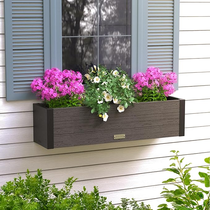 Mayne Horizon 3FT Window Box Planter – Modern Rectangular Faux Wood Grain Design for Windows, Durable All-Season Outdoor Flower Box with Drainage, Easy Installation
