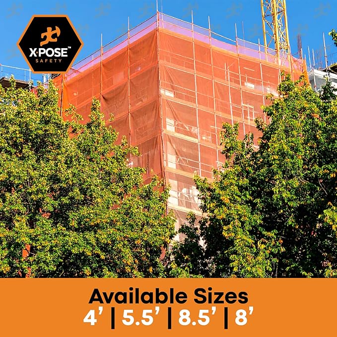 Xpose Safety Construction Safety Debris Netting - 150 Ft Temporary Material Roll, 1/4" Mesh Scaffold Net Enclosure, Visibility Barrier, Fencing Roll, Heavy Duty Fire Retardant 5.5 ft x 150 ft, Orange