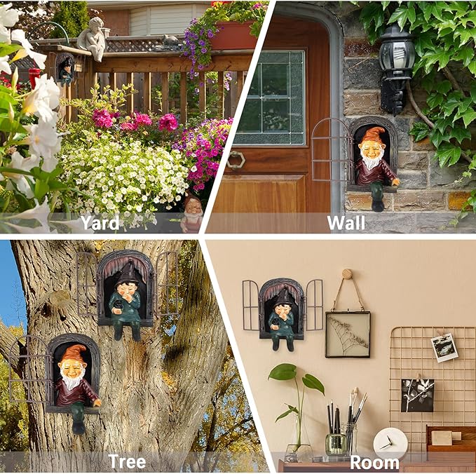 2 Pieces Gnome Statue Elf Out The Door Hugger Garden Peeker Yard Art Tree Sculpture Tree Gnome Decoration Outdoor for Patio Yard Lawn Porch Ornament
