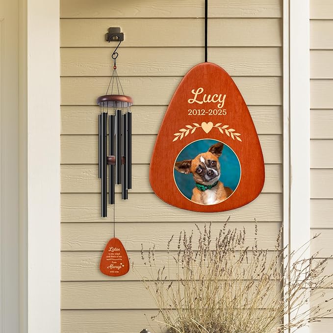 Personalized Pet Memorial Wind Chime with Photo - 37" Custom Pet Loss Gift with Name, Date & Quote - Drop Shape Wooden Pendant & Stainless Steel Tubes, Outdoor/Indoor Remembrance Wind Chime, Black D1