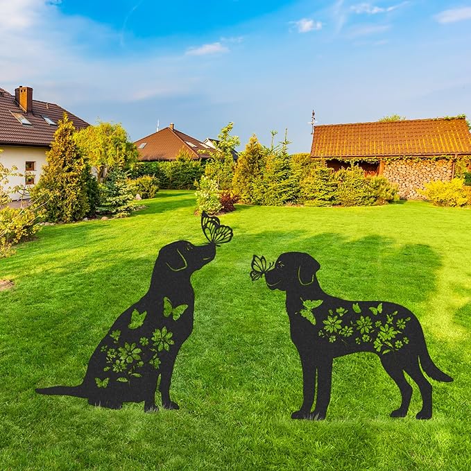 Dog Metal Garden Stakes - Animals Stake Garden Decor 2 Pcs Black Dogs Silhouette Statues Butterfly Gifts for Yard Art Decorations Dog Lovers Gift Patio Lawn Garden Decorations Outdoor Decor