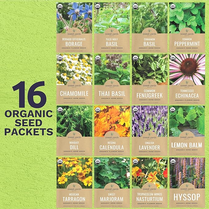 Organic Herbal Tea Seeds Variety Pack - 16 Individual Packs - 2026 Season - Mint, Lavender, Chamomile and More! for Indoor & Outdoor Planting (Non-GMO, Certified Organic)
