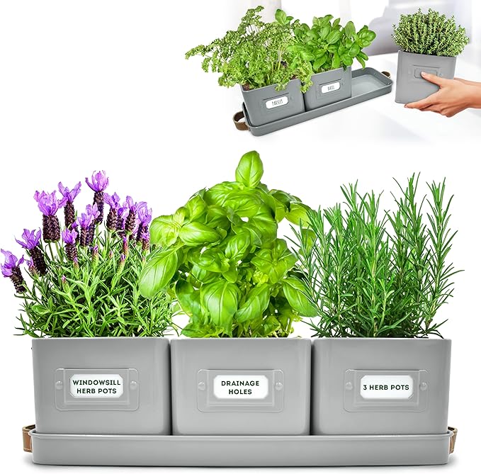 volila Herb Planter Indoor - Set of 3 Grey Indoor Herb Garden Pots for Plants with Leather Handled Tray - Window Sill Plant Shelf - Herb Pots with Drainage Holes and Labels