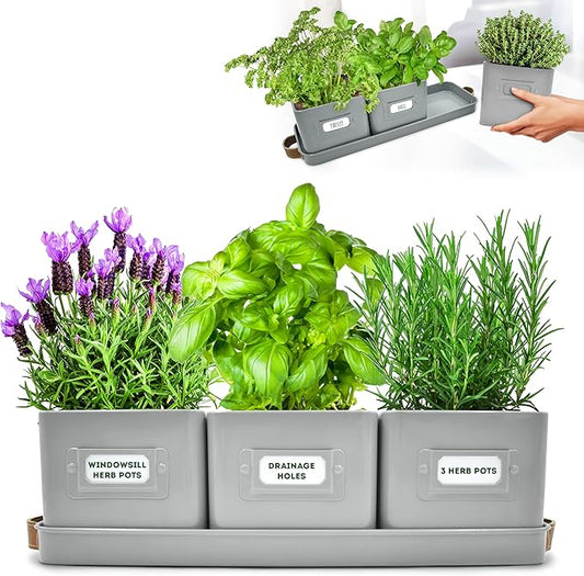 volila Herb Planter Indoor - Set of 3 Grey Indoor Herb Garden Pots for Plants with Leather Handled Tray - Window Sill Plant Shelf - Herb Pots with Drainage Holes and Labels