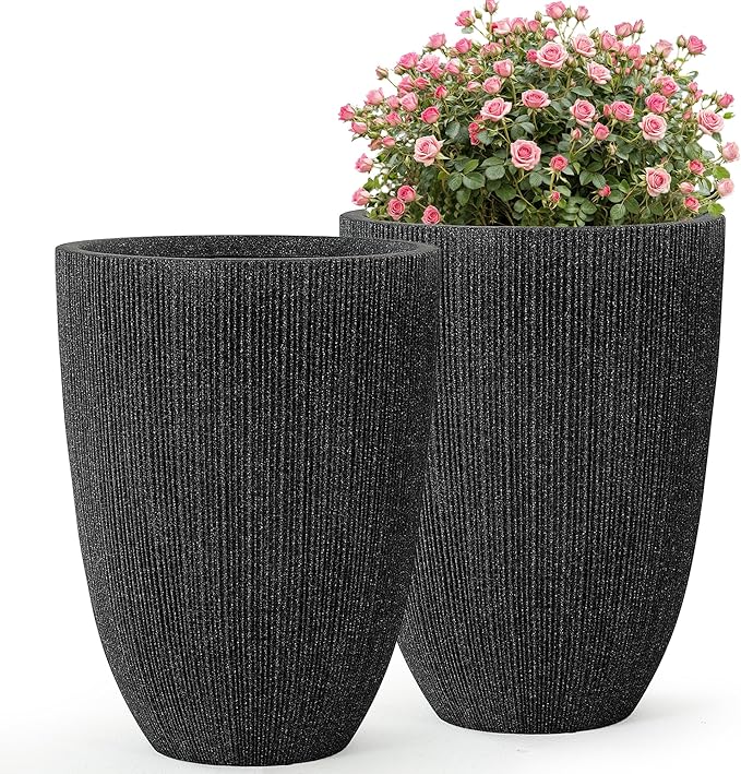 19.1" H Mediterranean Black Round Planter for Outdoor Plants,Set of 2 Large Flower Pot with Drainage Hole,Weather-Resistant for Porch,Garden,Patio or Indoor Use, Ideal for Christmas Decoration.