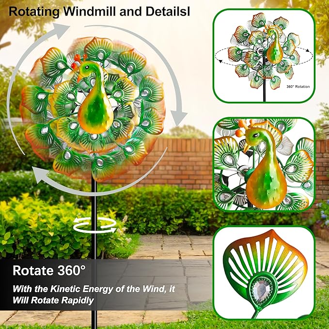 Outdoor Peacock Wind Spinners Featuring Glittering Gem Decor, 13.5" D x 65" H Kinetic Wind Sculptures, 360° Rotatable Metal Garden Wind Spinners for Yard and Outdoor Decor (Green)