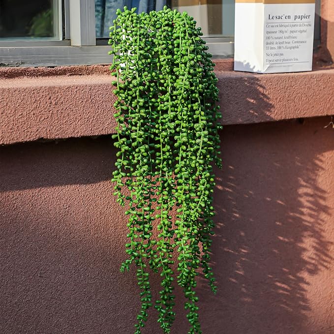 9PCS Artificial Succulents Hanging Plants,27.5 Inch Fake String of Pearls Greenery Plants 5 Branches for Fall Home Garden Office Party Balcony Wall Indoor Outdoor Autumn Decoration