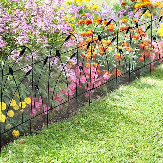 Metal Decorative Garden Fence Border, 32 in.H x 19.5 in.W (10 Panels, Total Length 16 feet) No Dig Fence Rustproof Wrought Iron Landscape Fencing for Flower Bed, Trees, Black