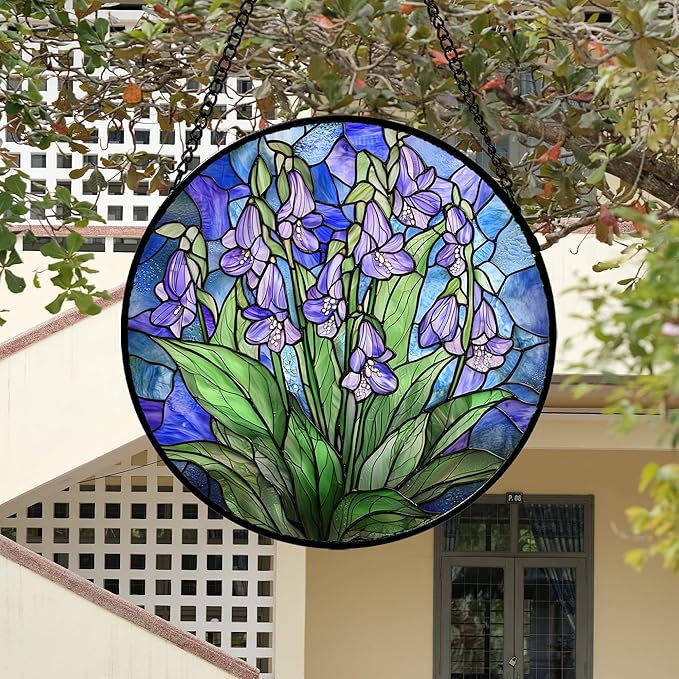 Stained Glass Suncatcher, Blue Purple Flowers Green Leaves Sun Catcher Plants Stain Glass Window Hanging Decoration Mother's Day Birthday Gifts for Women Men Mom and Nana 6.3 in