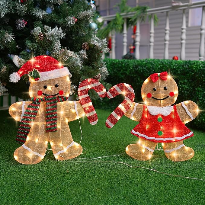 TW SHINE Christmas Outdoor Decorations Yard, Set of 2 Lighted 2D Gingerbread Man with 90 Warm White Lights, Light Up Gingerbread Man Couple for Xmas Holiday Front Garden Patio Lawn Display