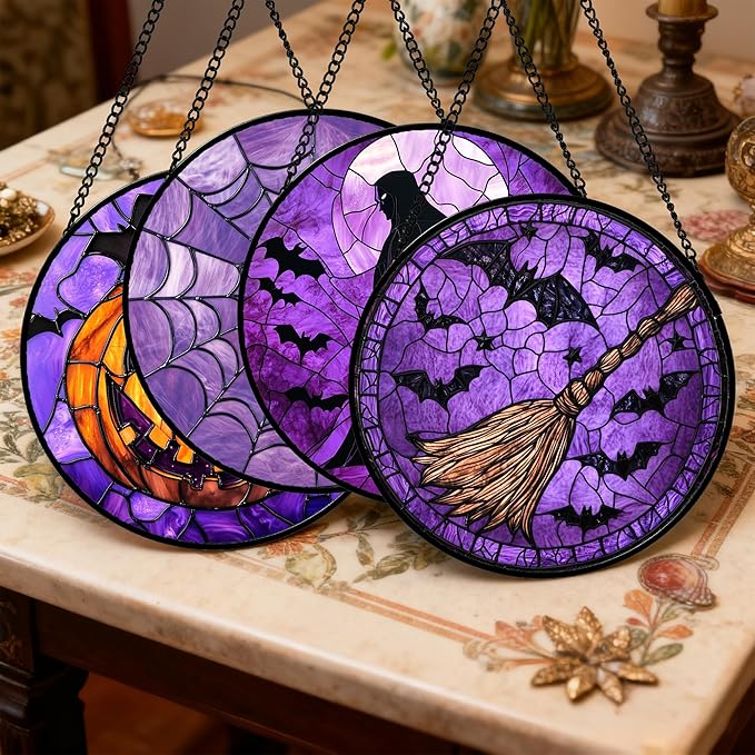 Stained Glass Window Hanging 4 Pcs Set Purple Gothic Theme Large 11.8" - Horror Halloween Suncatcher Door Garden Sun Catcher Decor Birthday White Elephant Gifts for Mom Woman Men Friend