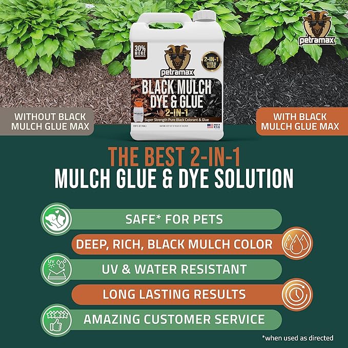 PetraMax Mulch Glue for Landscaping - Max Concentrate Weed Barrier, Non-Toxic Pea Gravel Binder, Rock Stabilizer for Landscaping - Dries Clear (Black Dye, 1G)