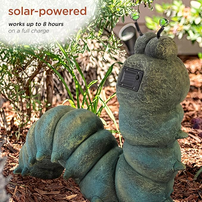 Alpine Corporation FCC121SLR Outdoor Solar Powered Garden Caterpillar Statue with LED Lights, 16" H, Green