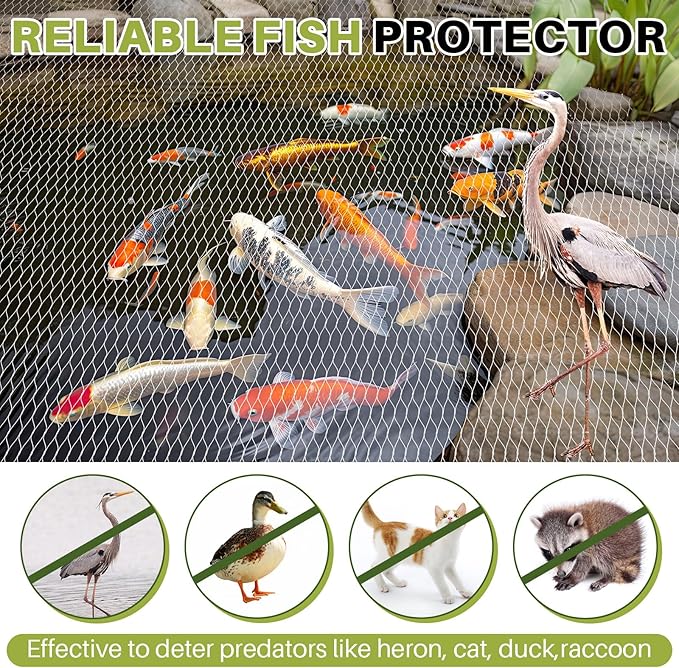 Koi Pond Netting Kit 14 x 14ft, Bird Deer Fence Netting, Durable Net Cover for Leaves, Heavy Duty Fine Mesh, Protect Fish from Birds, Cats & Predators, 15pcs Stakes & Ties Included(White)