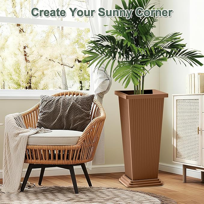 Set of 2 Large Planters for Outdoor Plants 24" Tall Tapered Modern Flower Pots with Drainage Tray for Garden, Patio, Porch (Brown Ribbed)