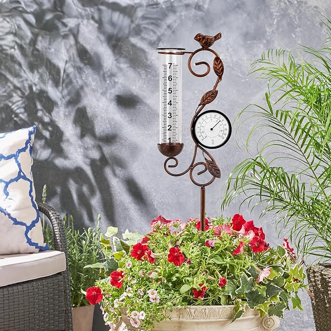 32" Garden Rain Gauge with Thermometer - 7" Glass Tube for Outdoor Indoor Use, Patio Yard Decor Statue