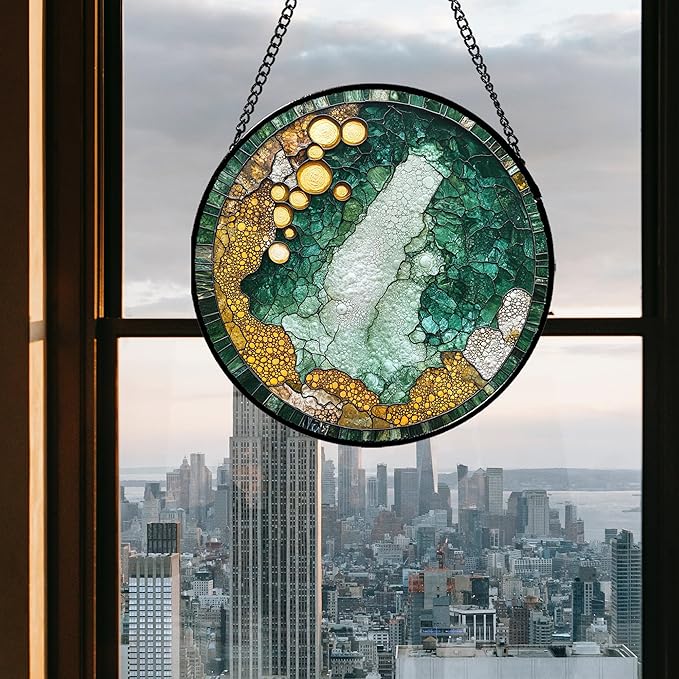 Stained Glass Window Hanging - Abstract Suncatcher for Doors Garden Patio Yellow Green Sun Catchers Decor Christmas Mother's Day Birthday Gifts for Boy Women Men Mom Nana Friend 15 in