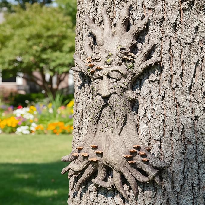 12" Real Tree Face Hugger Statue, Garden Trees Tree Huggers Decor with Mushroom Foliage Features, Outdoor Fairy Elve Accent Yard Art, Halloween Trees Decorations Outdoor Wall Mounted Statue