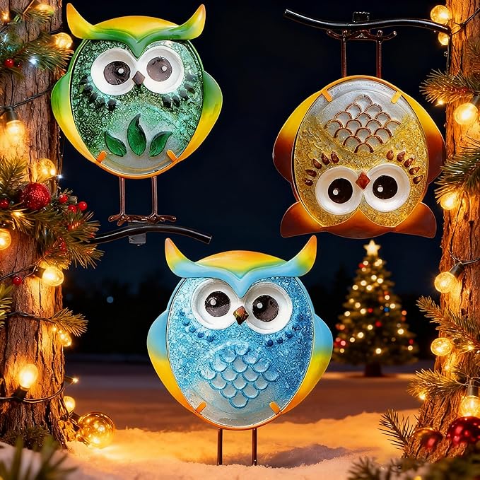 Owl Garden Decor for Outside, Stand & Tree Hugger Outdoor Owls Statues Yard Art Set of 3, Funny Metal & Glass Figurines Gifts for Grandma Mom Women