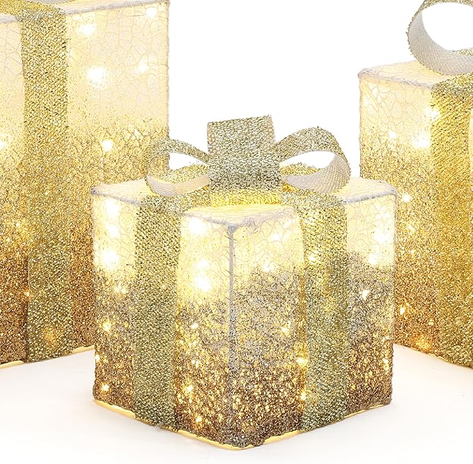 LuxenHome Set of 3 Lighted Gift Boxes, Plug-in White Crackle with Glitter Ribbon Bow Boxes with Timer Holiday Display, Lawn, Porch, Under Tree Indoor, Outdoor Christmas Decoration