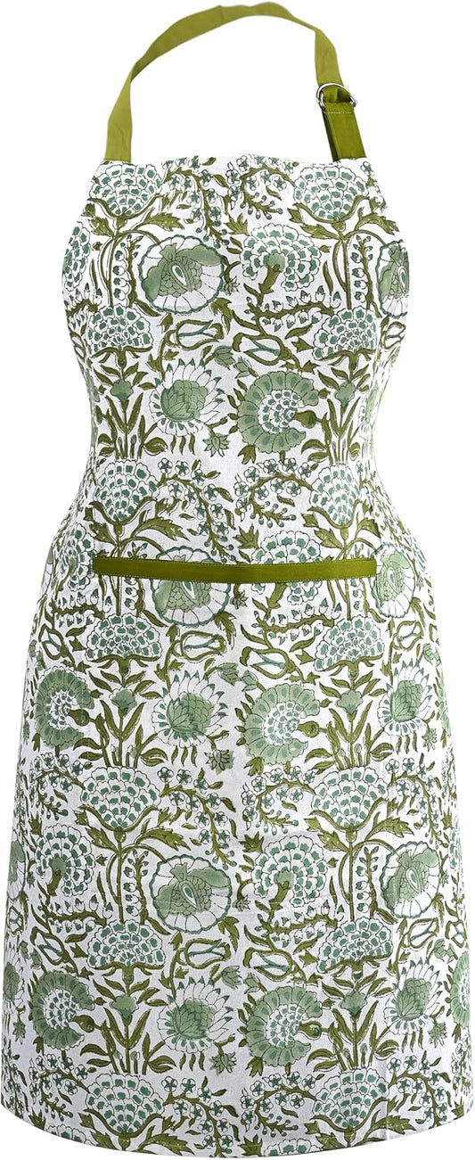 CPC Cotton Floral Kitchen Apron for women with Pocket and Adjustable Neck Ties. Apron for Women Men Chef-Hand Block Printed